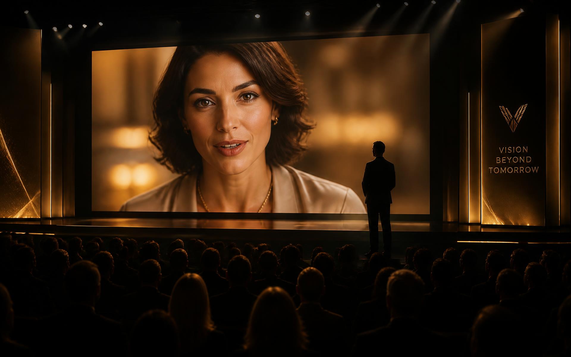 Convention corporate : un personnage humain réaliste apparaît sur un écran géant face à un dirigeant sur scène, devant un public plongé dans le noir